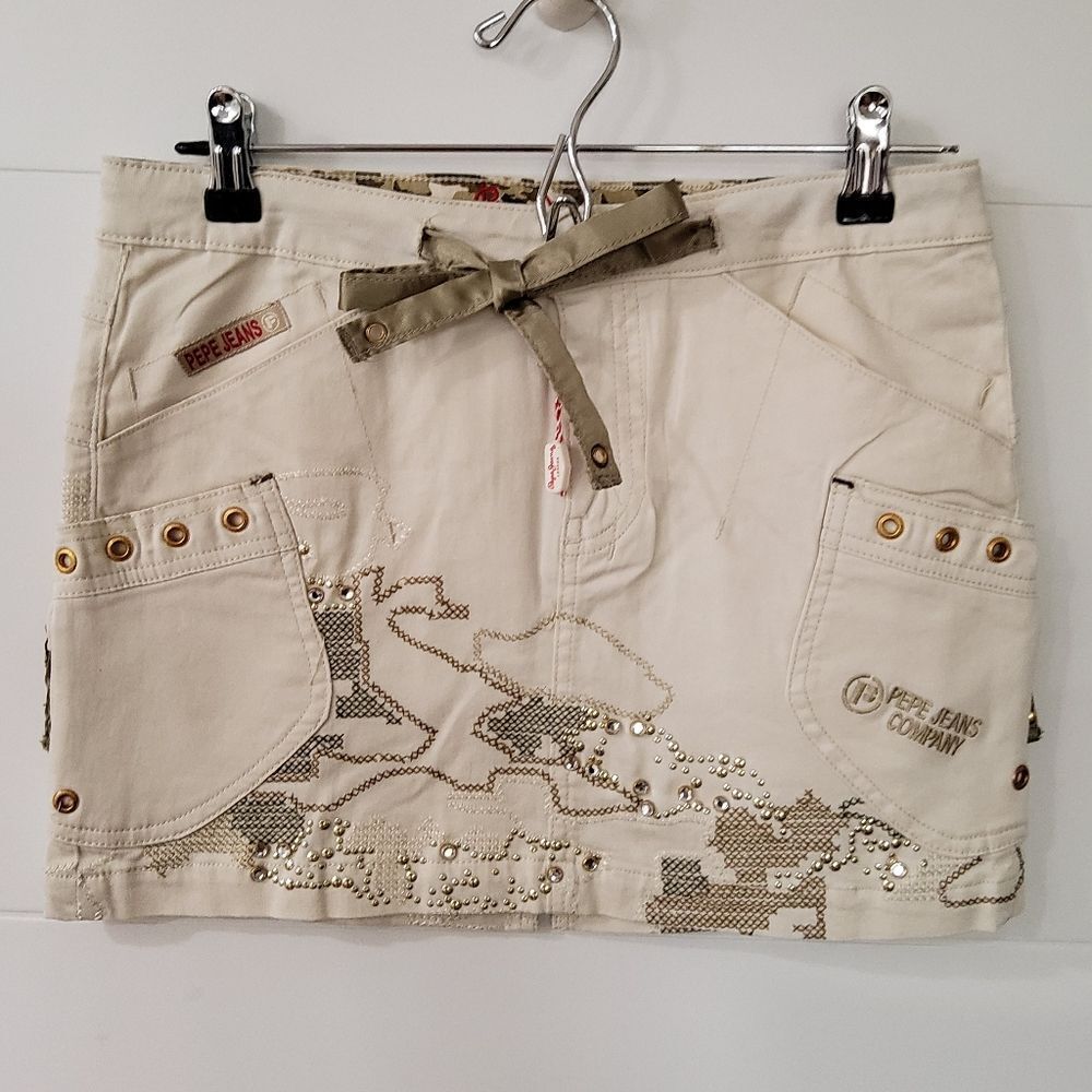 Pepe Jeans London Ivory Embroidered Studded Mini Skirt Size 27